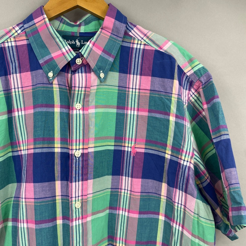 Ralph Lauren Plaid Button Down Shirt Mens XL Short Sleeve Classic Fit Bright vtg